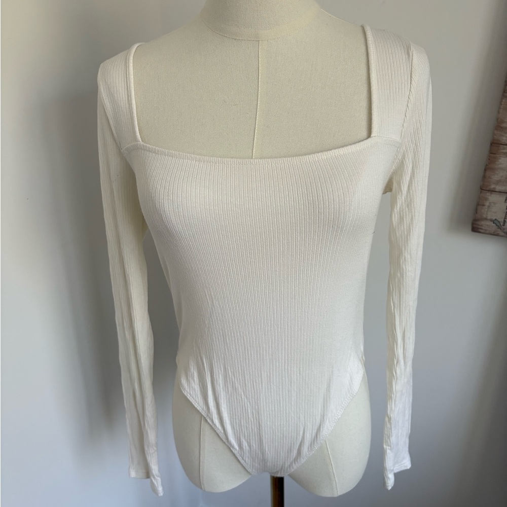 Forever 21 Cream Long Sleeve Fitted Bodysuit